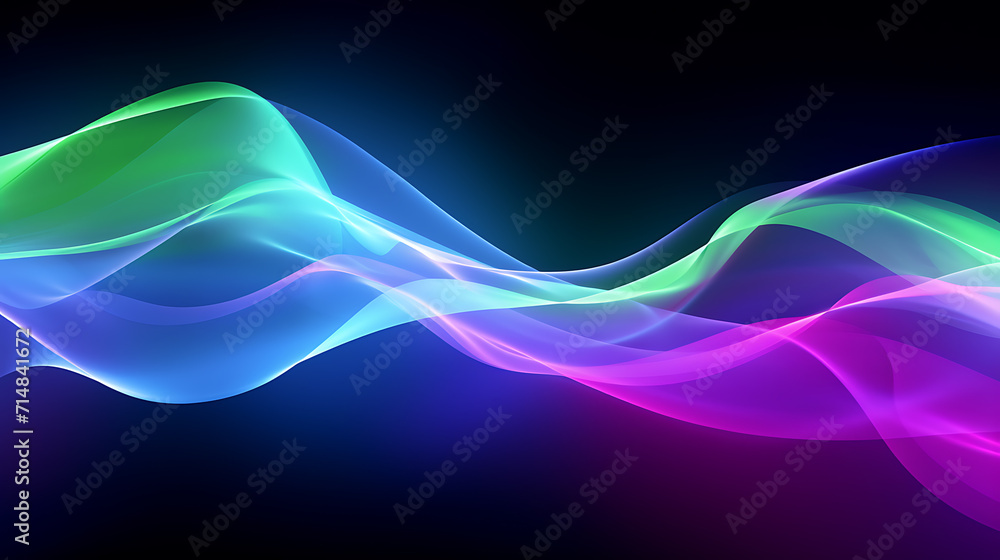 Neon light line motion effect. Light blue, purple and green abstract sound waves with glowing effects. 3d illustration for background. Isolated in a black background. Created with Generative AI. Neon light line motion effect. Light blue, purple and green abstract sound waves with glowing effects. 3d illustration for background. Isolated in a black background. Created with Generative AI.