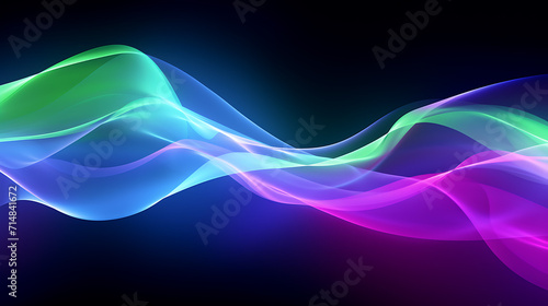 Neon light line motion effect. Light blue, purple and green abstract sound waves with glowing effects. 3d illustration for background. Isolated in a black background. Created with Generative AI.