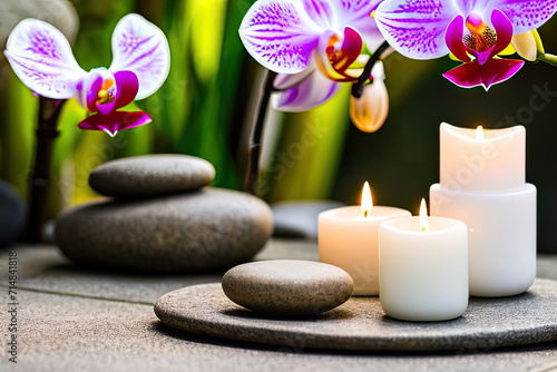 Tranquil Spa Scene Featuring Orchid, Zen Stones, and Candle for Relaxation and Wellness with a Touch of Nature's Beauty