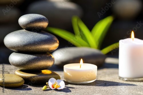 Tranquil Spa Scene Featuring Orchid  Zen Stones  and Candle for Relaxation and Wellness with a Touch of Nature s Beauty