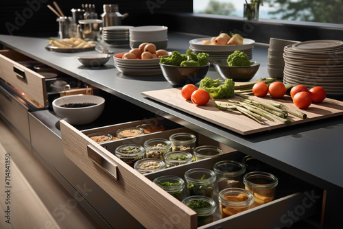 A minimalist kitchen with innovative storage solutions, emphasizing simplicity and elegance in the culinary workspace.