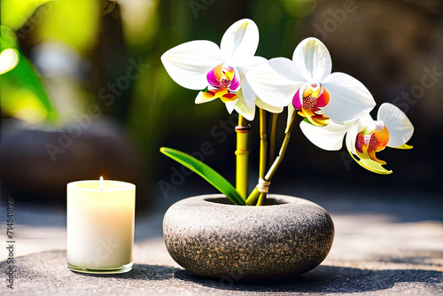 Tranquil Spa Scene Featuring Orchid  Zen Stones  and Candle for Relaxation and Wellness with a Touch of Nature s Beauty