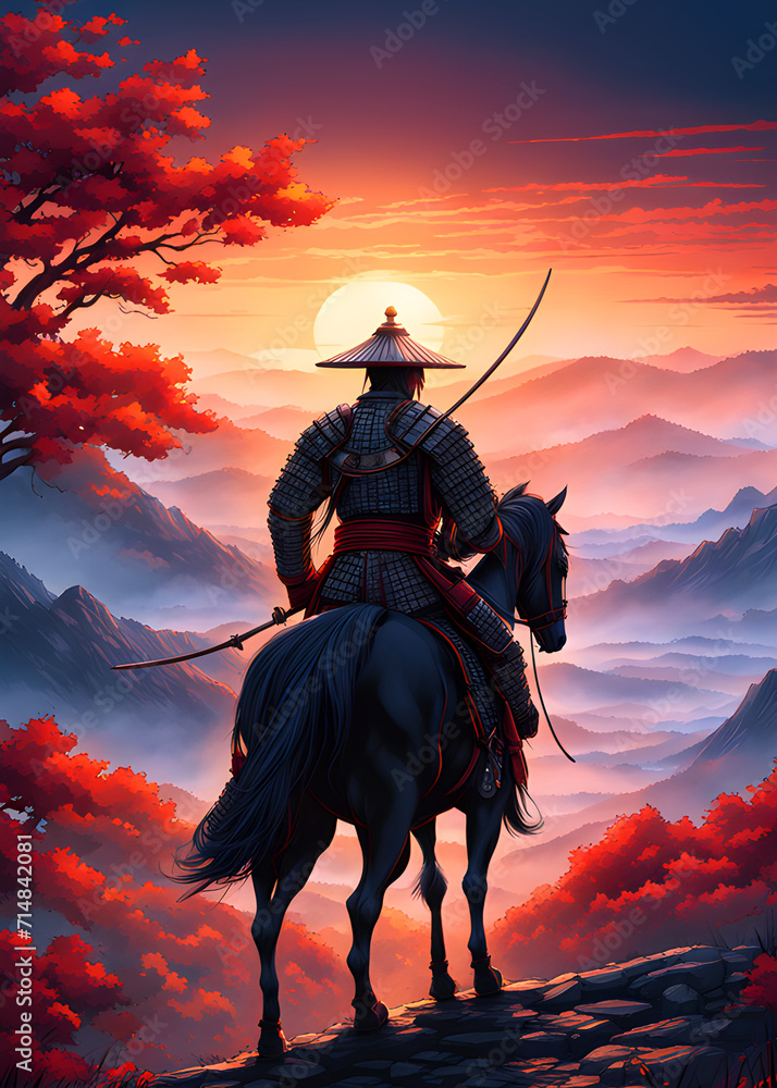 Samurai warrior on horse watching the stunning sunset in the breathtaking nature in Japan