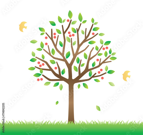 赤い美のなる爽やかな木と草原