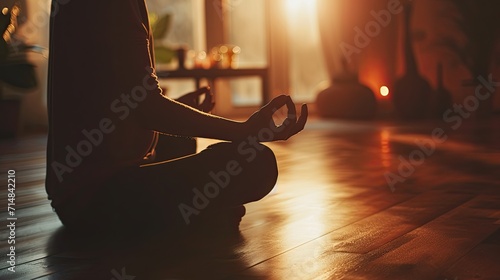 A serene indoor scene showing a person practicing meditation or mindfulness, with soft photo
