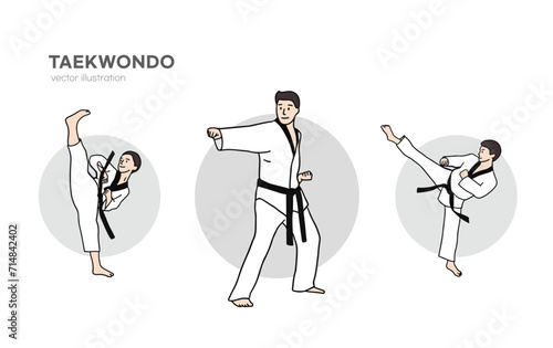 Man performing various taekwondo moves. Hand drawn vector illustrations