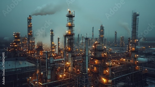 Dusk view of an industrial refinery with lit-up towers, pipes, and smoke against a moody sky. photo