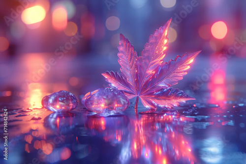 a stylized rainbow-iridescent cannabis icon symbol in the style of iridescent opalescent holographic