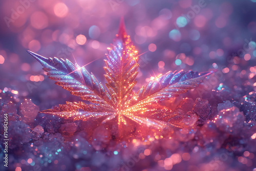 a stylized rainbow-iridescent cannabis icon symbol in the style of iridescent opalescent holographic