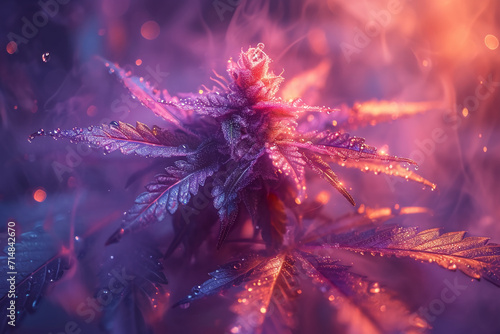 a stylized rainbow-iridescent cannabis icon symbol in the style of iridescent opalescent holographic