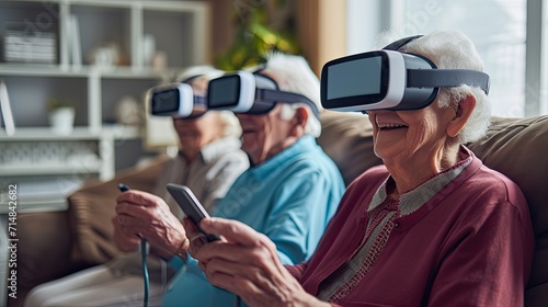 A heartwarming photo of elderly individuals engaging in modern technology, like using a smartphone or virtual reality headset, breaking stereotypes about age and technology photo
