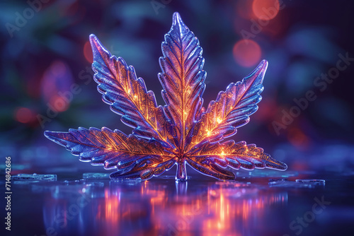 a stylized rainbow-iridescent cannabis icon symbol in the style of iridescent opalescent holographic