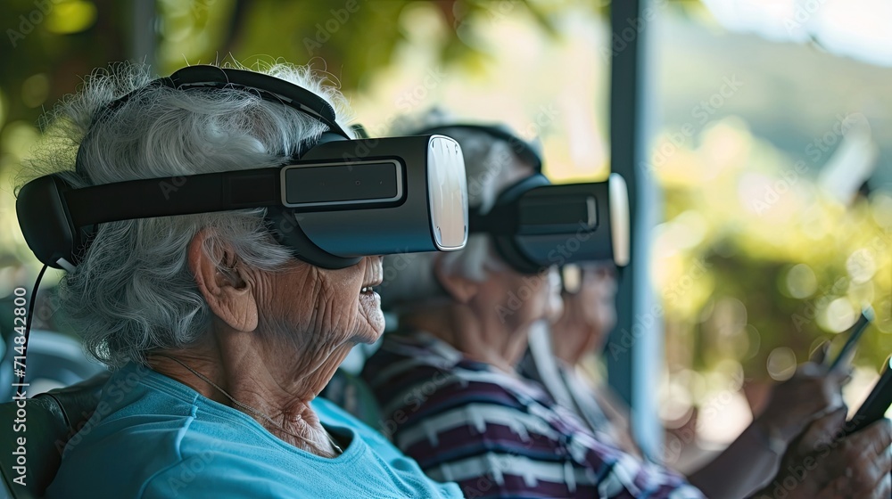 Obraz premium A heartwarming photo of elderly individuals engaging in modern technology, like using a smartphone or virtual reality headset, breaking stereotypes about age and technology