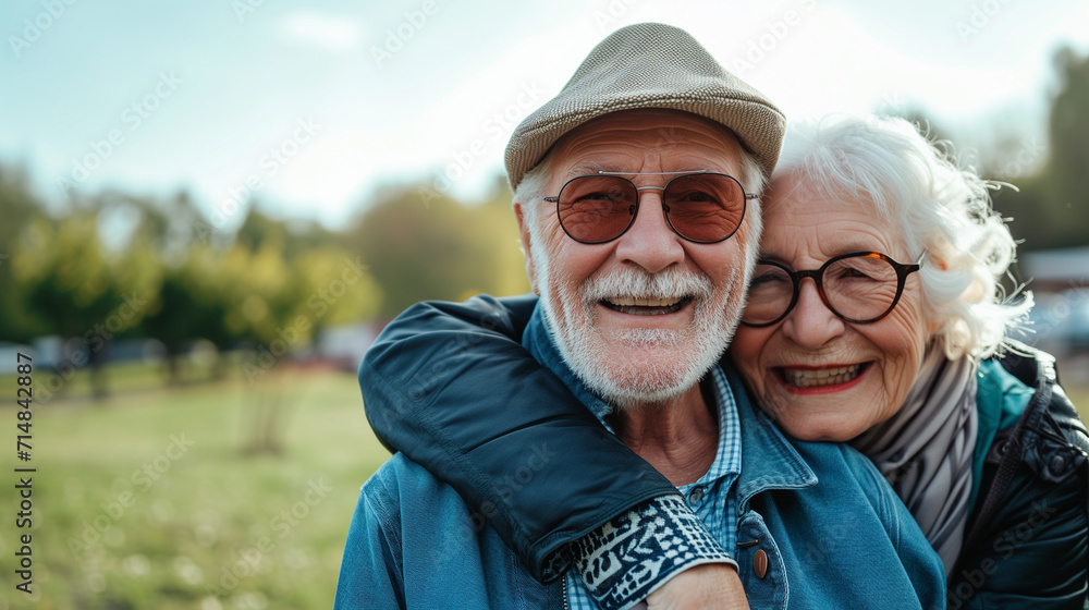 A sprightly senior couple are embracing each other in true love, enjoying the serenity of nature and expressing their bond. - obrazy, fototapety, plakaty 