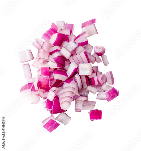 Top view of fresh red or purple onion slices or pieces in stack isolated on white background with clipping path