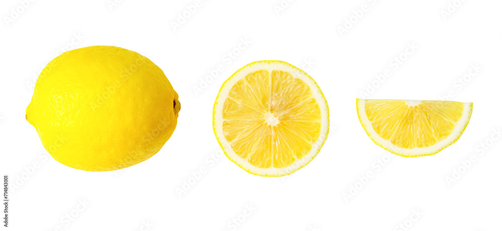 Top view of beautiful yellow lemon fruit with half and slice or quarter isolated on white background with clipping path