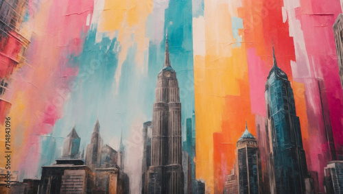 Fragment of multicolored texture painting. Artistic painting of skyscrapers.Abstract style. Cityscape.