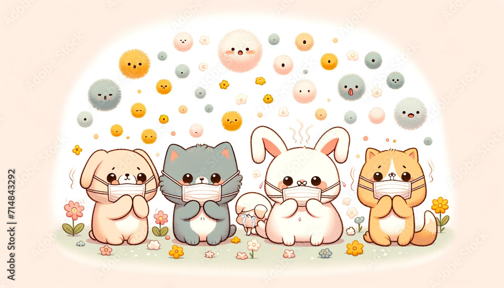 Naklejka premium 花粉・ウイルス対策にマスクを着ける動物たち generated ai