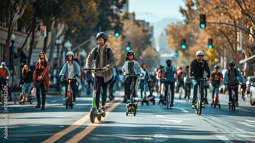 A dynamic street-level photo of a diverse group of people using electric scooters, bicycles, and skateboards on a city bike lane, emphasizing sustainability and modern urban transport photo