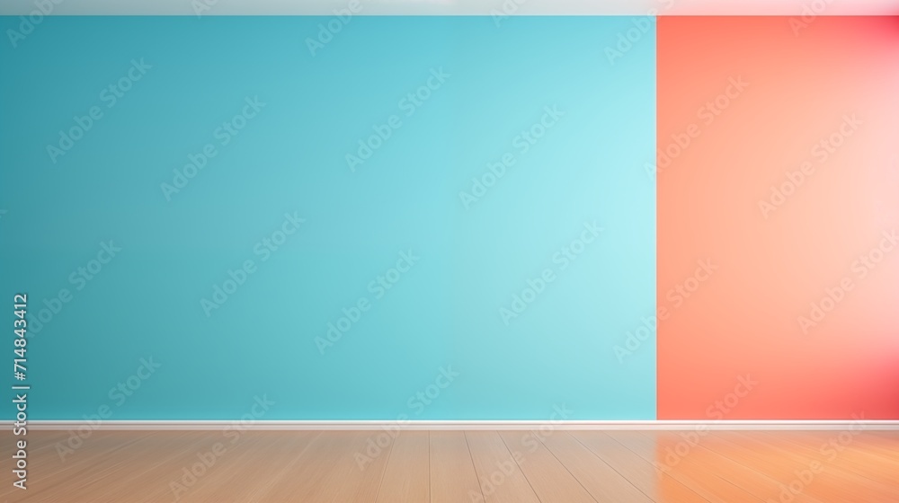 Wooden Bliss Showcase, Clean, Empty Room, Light Blue and Orange Wall. Generative AI Wooden Bliss Showcase, Clean, Empty Room, Light Blue and Orange Wall. Generative AI