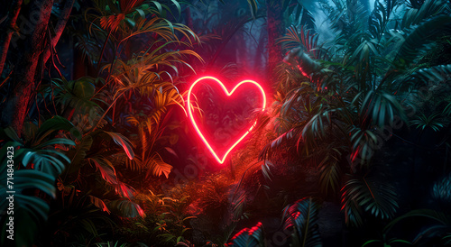 Fototapeta Naklejka Na Ścianę i Meble -  Frame love neon valentine glowing heart on background of leaves and branches, fresh nature. Jungle neon light, cyber frame with copy space. Urban, futuristic background.
