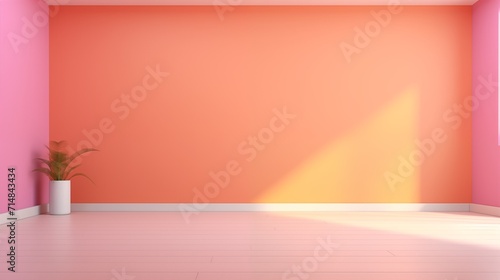 Contemporary Space Mockup, Wood Floor Charm, Orange and Pink Empty Wall. Generative AI