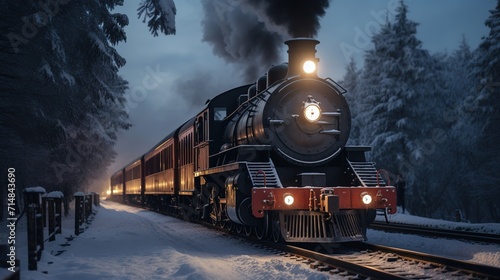 Red train in the beautiful winter forest and mountains Illustration Generative AI