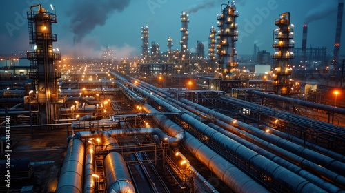 Illuminated industrial oil refinery, complex pipeline network, twilight scene.