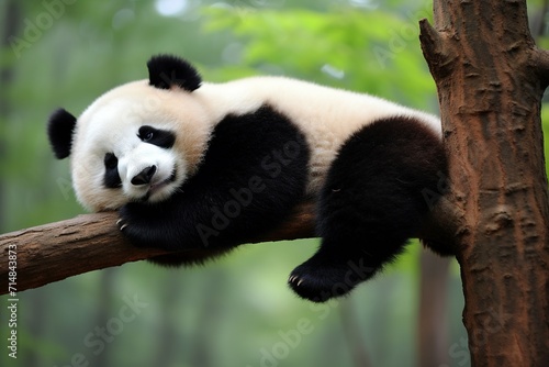 Peaceful giant panda lies comfortably atop a tree branch  showcasing the species  iconic black and white fur. 