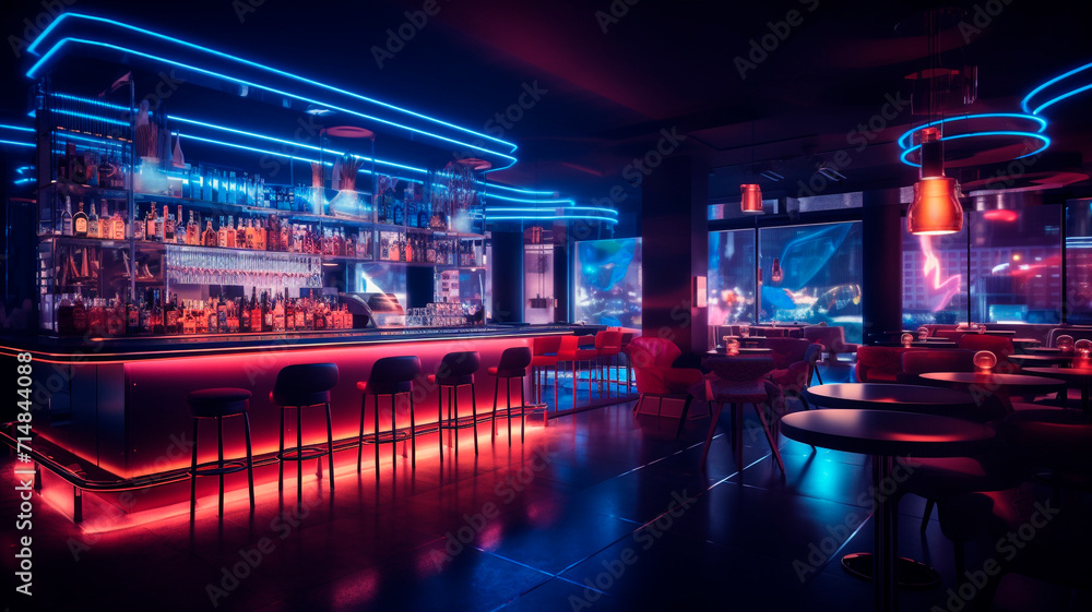 Fototapeta premium A modern spacious restaurant or nightclub with a lot of neon lights and LED strips.