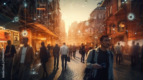 Crowd of Business People Tracked with Technology Walking on Busy Urban City Streets