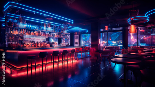 A modern spacious restaurant or nightclub with a lot of neon lights and LED strips.