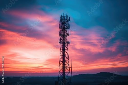 Digital communication tower at sunset, symbolizing digital infrastructure reach