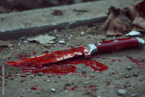 Close-up of a bloody knife lying on the ground