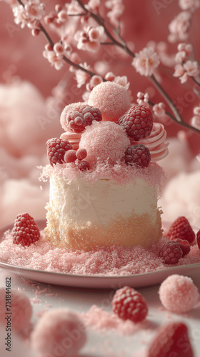 Frosted Raspberry Cake with Sugar-Dusted Berries and Pink Blossoms