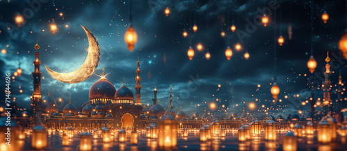 Ramadan Kareem. Eid Mubarak. Illustration of beautiful evening mosque  holiday  lights  bulbs  lanterns  crescent moon and fireworks for greeting card  banner or background