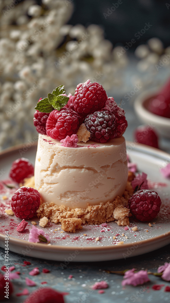 Vanilla Panna Cotta with Fresh Raspberries and Crumbled Biscuit