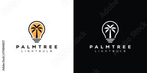 Creative Palm Tree Logo. Lightbulb and Palm Tree Sunset Sunrise with Minimalist Style. Resort Logo Icon Symbol Vector Design Template.