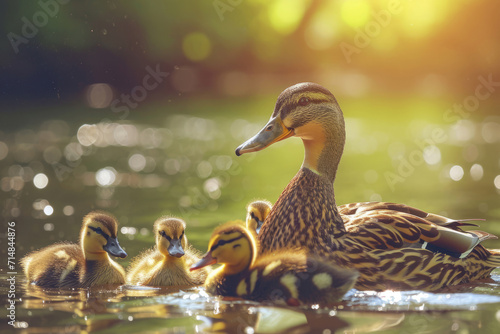 Mother duck and her ducklings in a pond. Generative AI