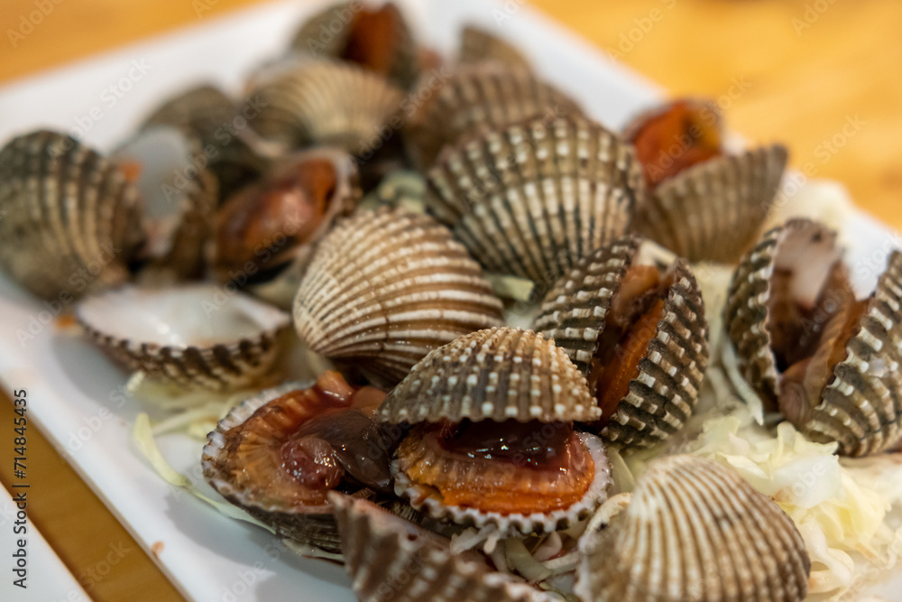 Blood clam served on plate on the table