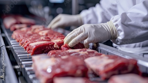 Close-up of meat industry worker gathering packaged premium meat on a conveyor belt in factory.