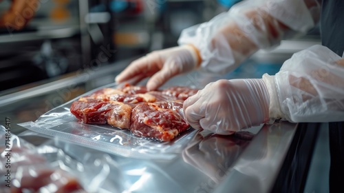 Close-up of hands packing meat with vacuum heat sealer for packing food in meat factory. photo