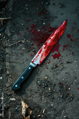 Close-up of a bloody knife lying on the ground photo