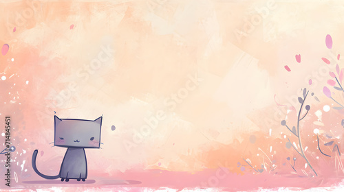 Cute little black cat cartoon sitting on pastel background. photo