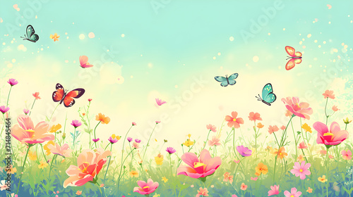 The background is a field of flowers and butterflies on a pastel colored background. © Phaigraphic