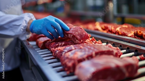 Close-up of meat industry worker gathering packaged premium meat on a conveyor belt in factory. photo
