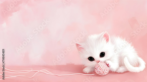 A cute little white cat is playing with yarn on a pastel background. photo