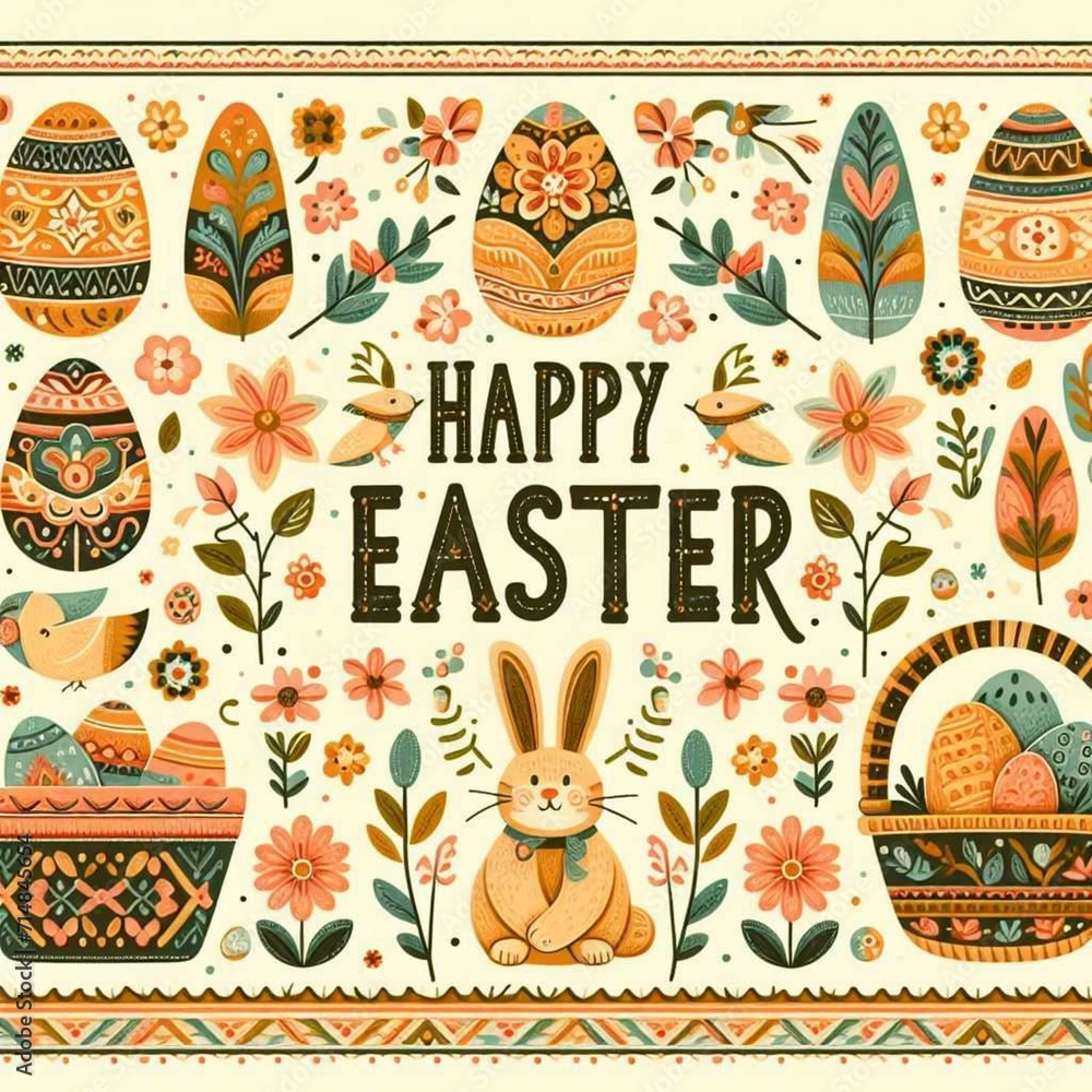 Happy Easter, decorated easter card, banner. Bunnies, Easter eggs, flowers and basket. Folk style patterned design.