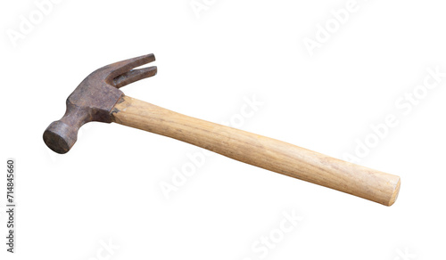 Small old hammer with wooden handle isolated on white background with clipping path