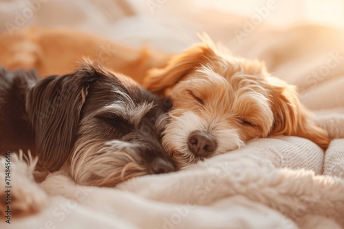 Two dogs snuggling together. Two adorable puppies sleeping together close up. Generative AI © barmaleeva